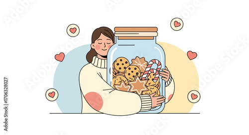 Woman Embracing Holiday Goodies Jar Full Of Delicious Cookies For A Sweet Treat