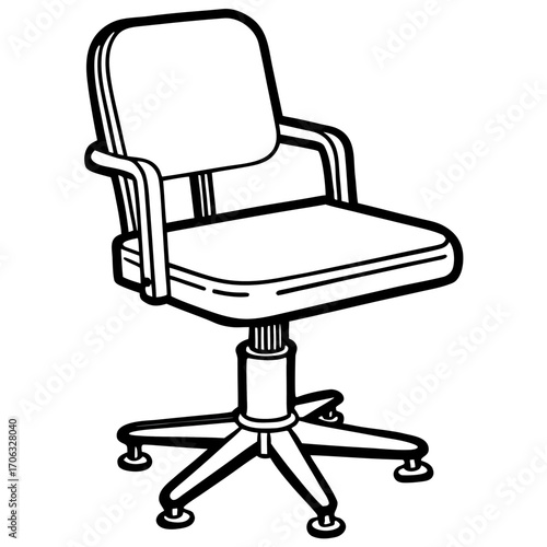 A simple black and white outline drawing of an office chair with wheels isolated on white background silhouette
