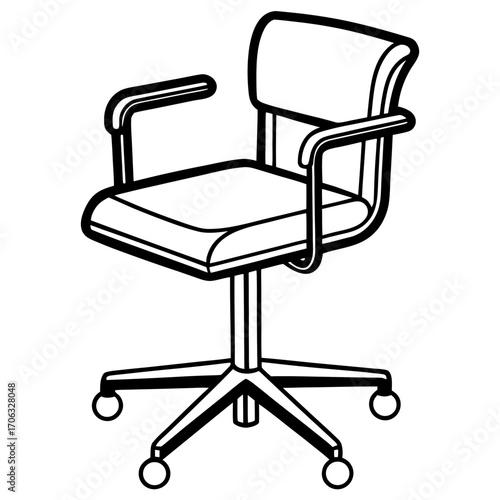 A simple black and white line art drawing of an office chair with armrests and wheels isolated on white background silhouette