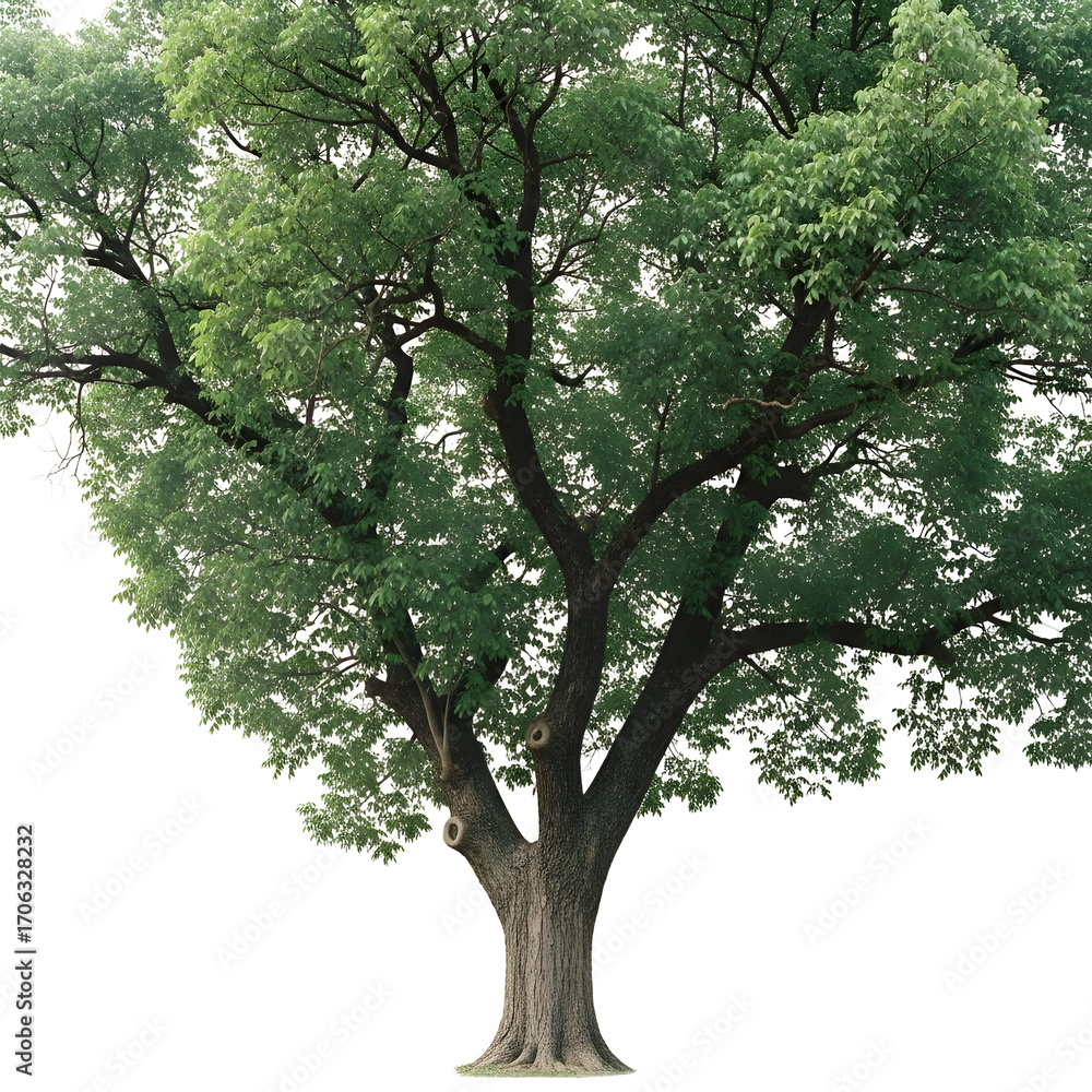 Obraz premium A magnificent, standalone green tree with a robust trunk and verdant foliage, embodying nature's enduring strength and serene beauty, perfect for botanical themes and environmental concepts