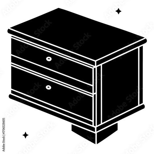 Isometric black silhouette of a two drawer nightstand isolated on white background silhouette