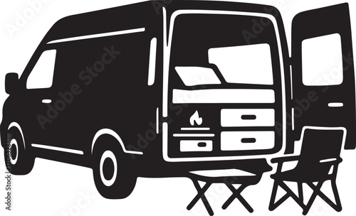 Camper Van Silhouette with Open Back Doors Camping Setup Vector Illustration for Vanlife Adventure
