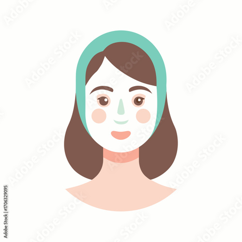 Flat vector illustration of a sheet face mask on female face, minimalist pastel style, SVG format, isolated on white background, modern skincare icon