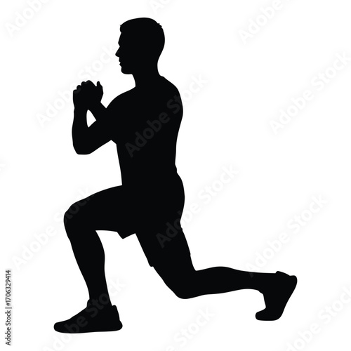 Silhouette of a man performing a lunging exercise dynamic fitness pose silhouette