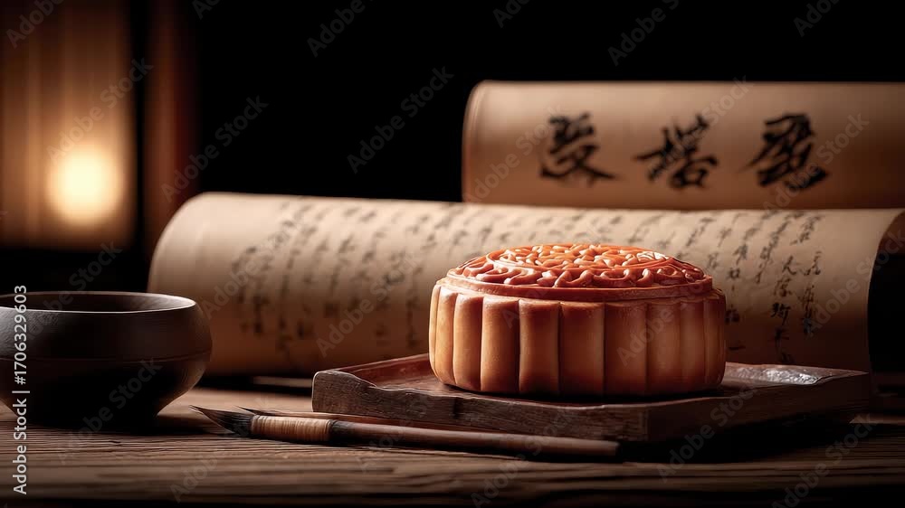 Cultural artistic conception of Mid-Autumn mooncakes with scrolls and tea sets