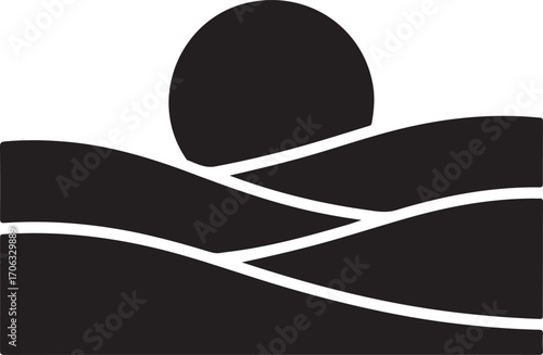 Black abstract sun over rolling hills landscape black and white