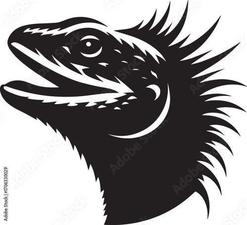 Close up profile silhouette of a ferocious lizard head with open mouth and spiky crest