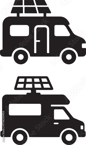 Camper Van Silhouette with Solar Panels on Roof Eco Travel Vector Illustration for Vanlife Adventure
