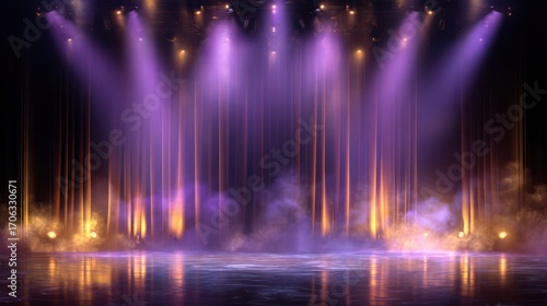 Magical stage with vibrant lighting design and misty atmosphere background suitable for events and