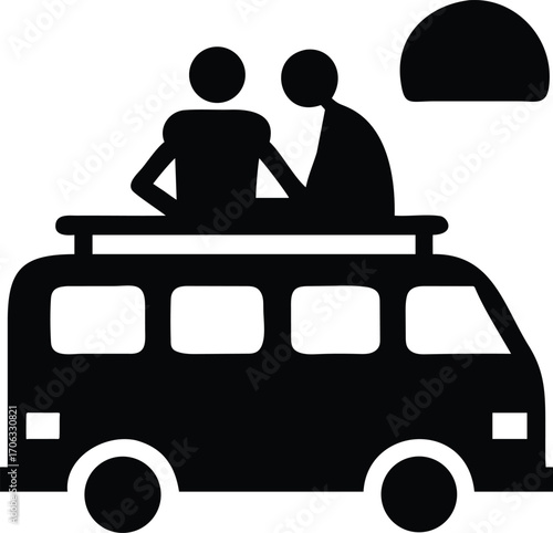 Couple Sitting on Camper Van Roof Silhouette Watching Sunset Vector Illustration for Vanlife Lifestyle