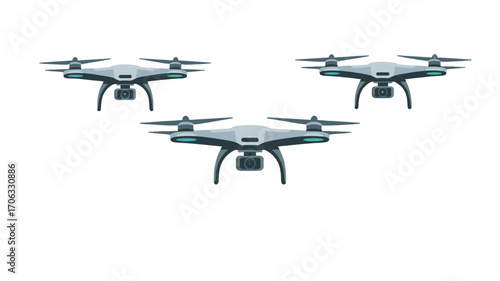 Three modern drones poised in the air, capturing stunning aerial perspectives.