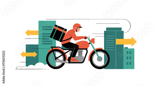 Motorcycle delivery courier racing through city.