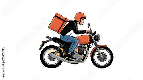 Delivery driver speeding on a motorcycle carrying a delivery bag.