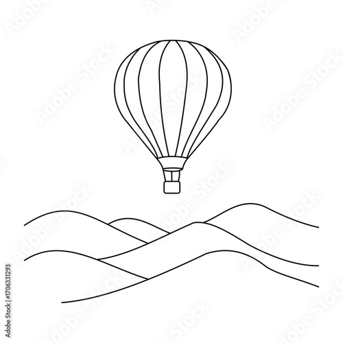Hot air balloon over rolling hills line drawing airship