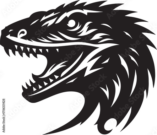 Fierce black raptor head profile with open mouth and sharp teeth roaring aggressively