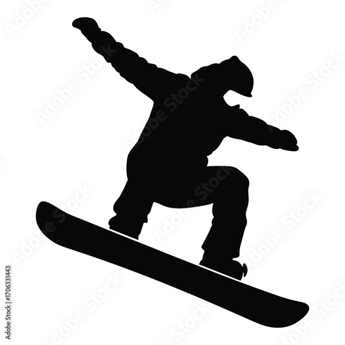 Dynamic silhouette of a snowboarder performing a jump and trick on snowboard silhouette