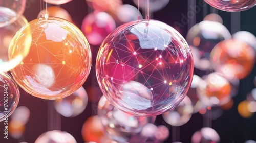 A vibrant display of translucent spheres with intricate designs, reflecting light in various colors and creating a visually captivating effect.
