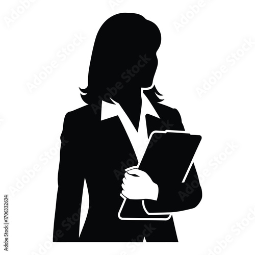 Silhouette of a professional woman holding a tablet or clipboard ready for business silhouette