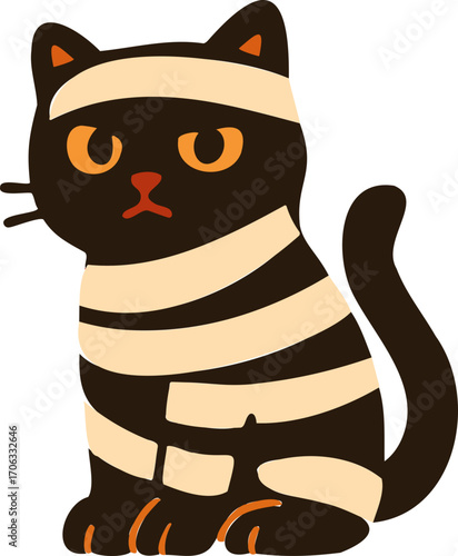 black cat dressed as a mummy, wrapped in beige bandages, sitting upright with an expressionless face.