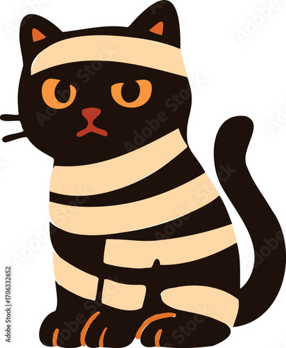 black cat dressed as a mummy, wrapped in beige bandages, sitting upright with an expressionless face.
