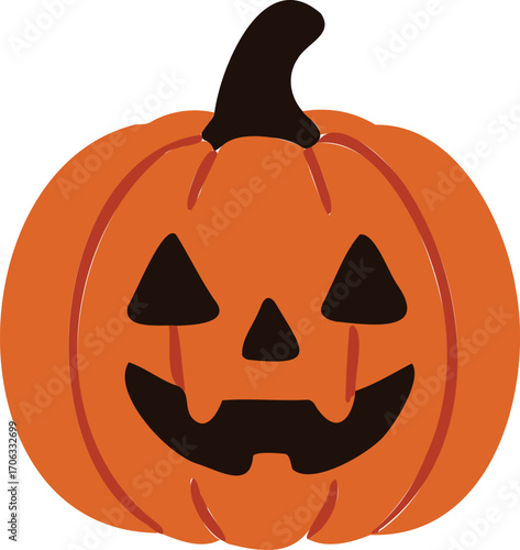 a classic Halloween jack-o'-lantern pumpkin with a carved face, triangular eyes, and a wide smiling mouth, featuring a black stem on top.