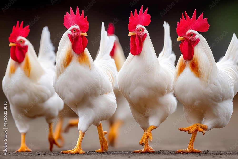 Fototapeta premium Group of white roosters with red combs walking together symbolizing poultry farming countryside rural life domestic animals and organic healthy flock, Generative AI