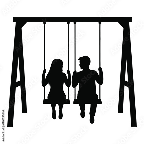 Silhouettes of a couple enjoying a romantic swing ride together in a park silhouette