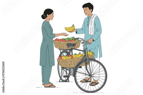Traditional Indian Street Vendor Selling Fresh Fruits from a Bicycle Cart to a Woman