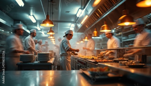 Fototapeta Naklejka Na Ścianę i Meble -  Busy restaurant kitchen with chefs working quickly. Chefs prepare food with energy, focus in dynamic, fast-paced environment. Teamwork evident as cooks collaborate on meals, plates stacked high,