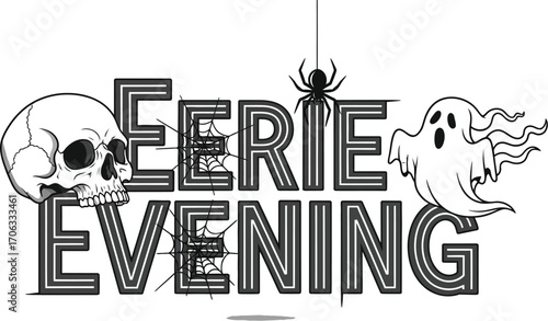 Eerie evening design with skull spider ghost and spiderwebs for halloween party