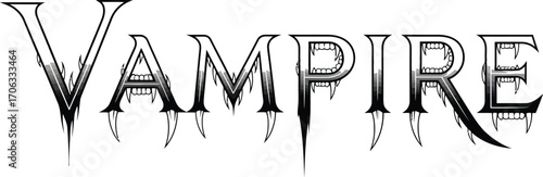 Word vampire in a spooky font with fangs on a white background design