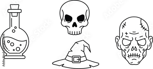 Halloween icons including potion skull witch hat and zombie head in black line