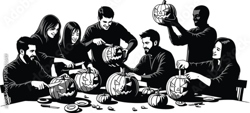 Group of friends carving pumpkins together for halloween in black and white art