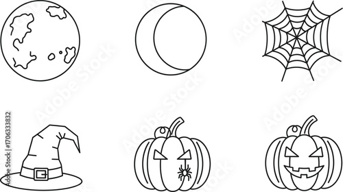 Halloween outline icons with pumpkin moon spiderweb witch hat on white background