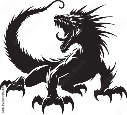 Fierce black silhouette of a mythical dragon creature with sharp claws and open mouth