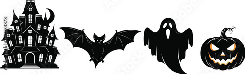 Spooky halloween silhouettes featuring a haunted house bat ghost and pumpkin
