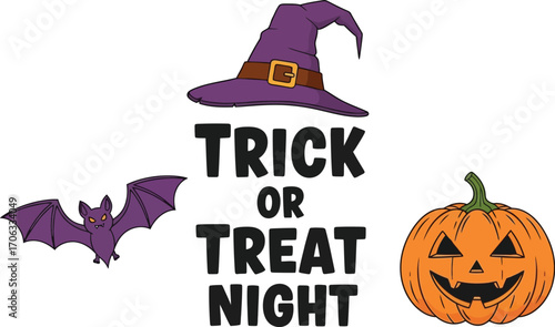 Halloween illustration with pumpkin bat and witch hat for trick or treat night