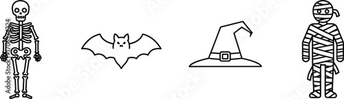 Simple halloween icons including a skeleton bat witch hat and a mummy