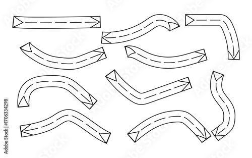 Collection of road segments with dashed lines and arrowheads on a white background