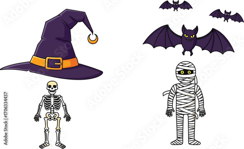 Cartoon halloween elements including a witch hat bats skeleton and a mummy