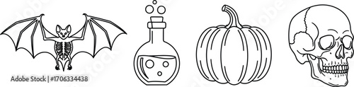 Halloween icons in outline style with bat potion pumpkin and skull design