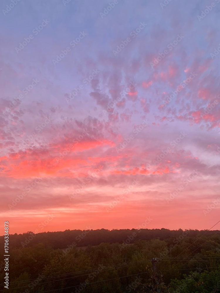 Obraz premium Vivid sunset sky with pink, orange and purple clouds over a dark green forest silhouette. Beautiful evening landscape, ideal for backgrounds, nature themes, or artistic design.