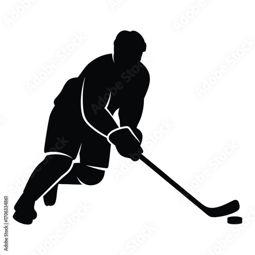 Dynamic silhouette of a hockey player skating and shooting a puck silhouette