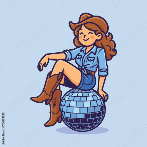 Disco cowgirl sitting on mirror ball cartoon mascot