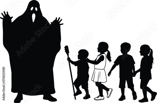 Silhouette of children trick or treating with a ghost on halloween night walk