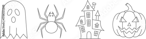 Halloween outline icons of ghost spider haunted house and jack o lantern pumpkin