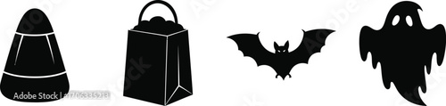 Halloween icons featuring candy corn trick or treat bag bat and a ghost design