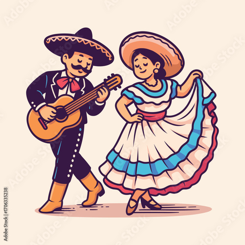 Mexican mariachi and folklorico dancer cartoon illustration