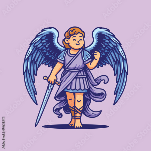Warrior archangel michael with sword cute cartoon illustration