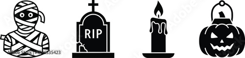 Halloween icons featuring mummy tombstone candle and pumpkin in black and white